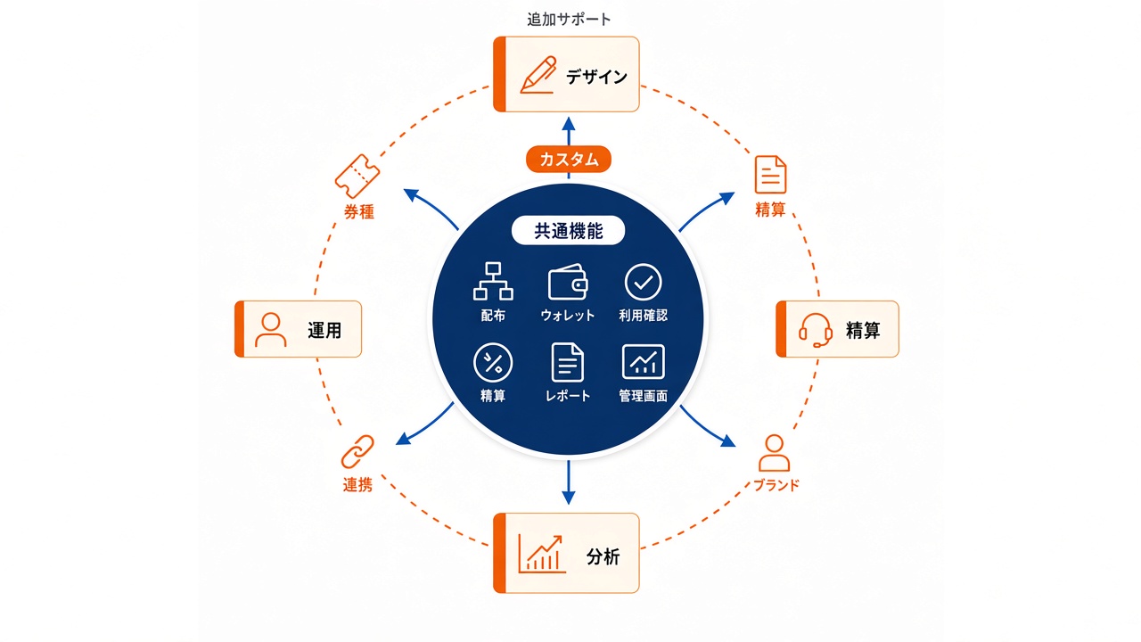 一式パッケージの全体像。中央に共通機能、周囲にカスタム設計、外向きの矢印で追加サポート（デザイン、精算、運用、分析）がつながる同心円の概念図