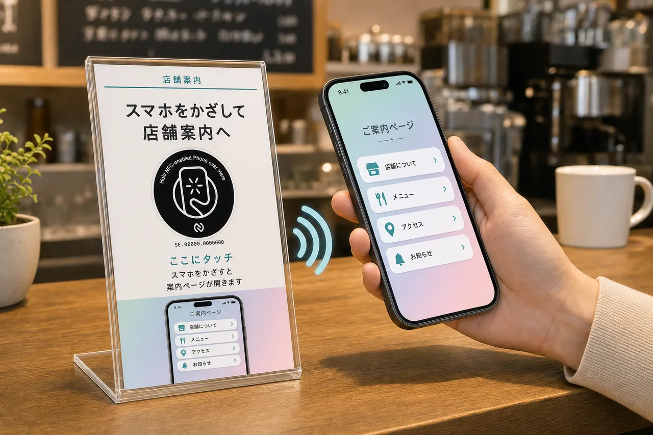 L型アクリルスタンドに SmartPlate SE プレート。台紙に店舗案内の訴求とスマホ画面プレビュー、手元では案内ページが開く